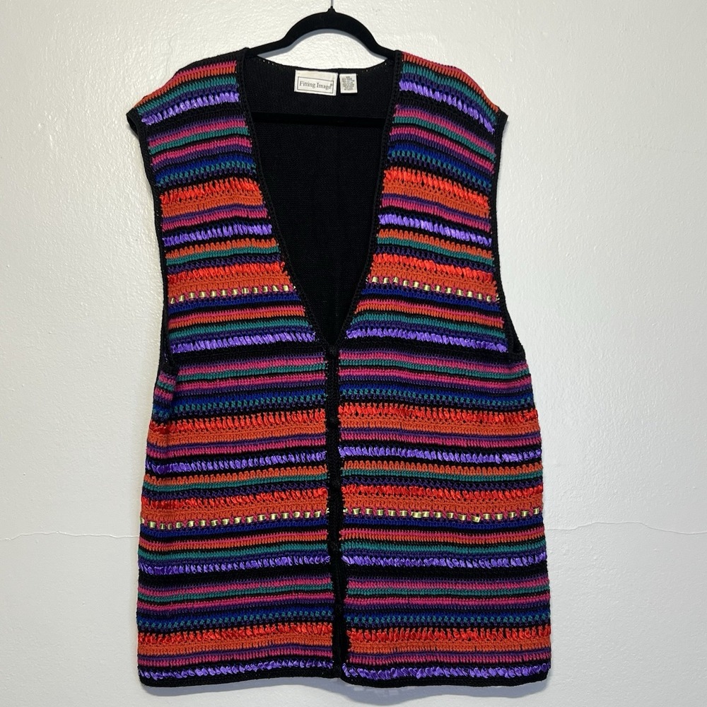 Vintage Fitting Image Women Crotchet Knit Vest Colorful Rainbow Ribbon Sz 26 XL